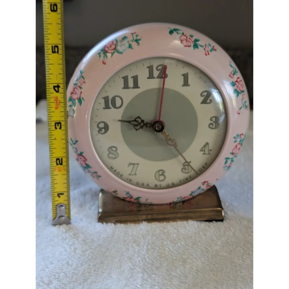 Vintage Retro Mid Century Wind Alarm Clock Round Pink Rose Flower US Time Rare